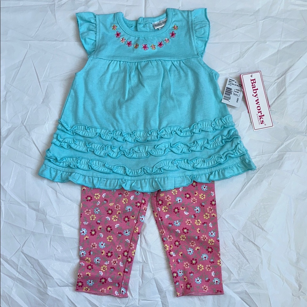 NWT Babyworks Aqua Dress with Pink Floral Leggings 6/9 months 100% cotton